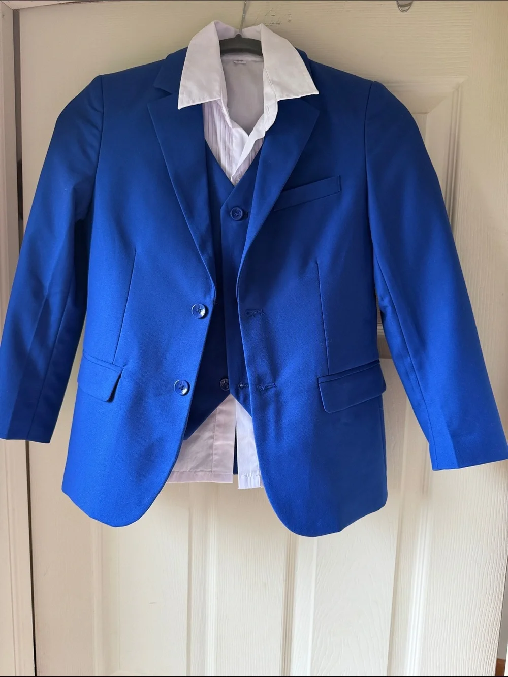 Boys Size 8 Royal Blue Three-Piece Suit Jacket, Pants, Vest, Shirt - Worn Once